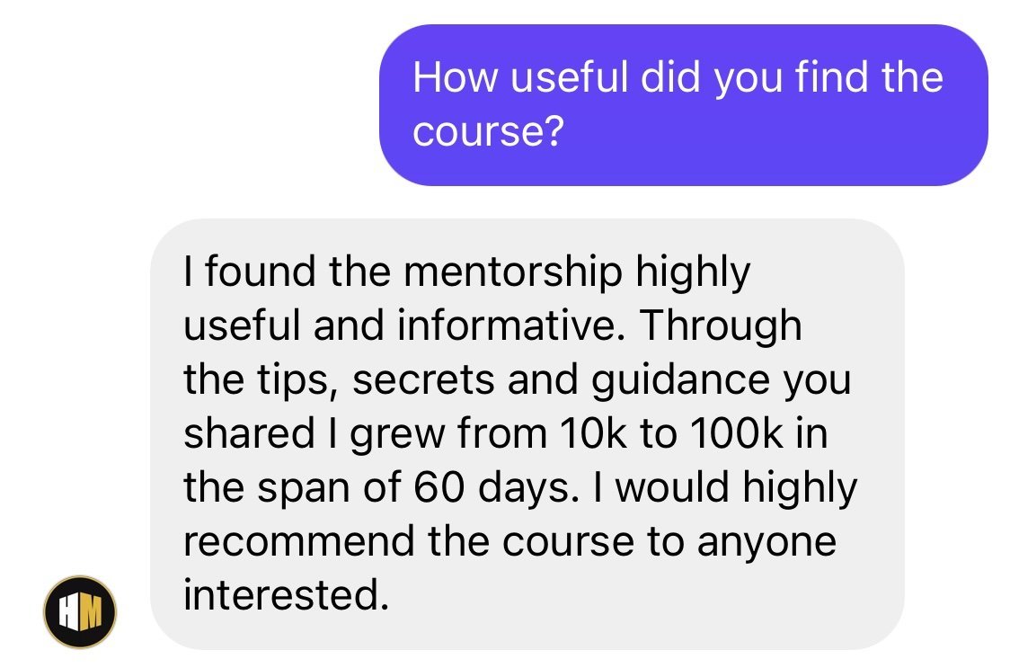 Mentorship testimonial screenshot: 10k to 100k in 60 days
